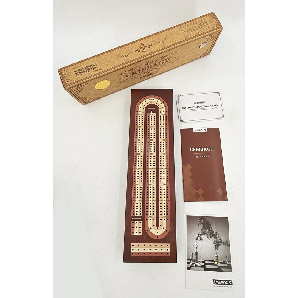 AMEROUS Wooden Cribbage Board Game Set w/ Magnetic Lock‎ Metal Pegs New Open Box